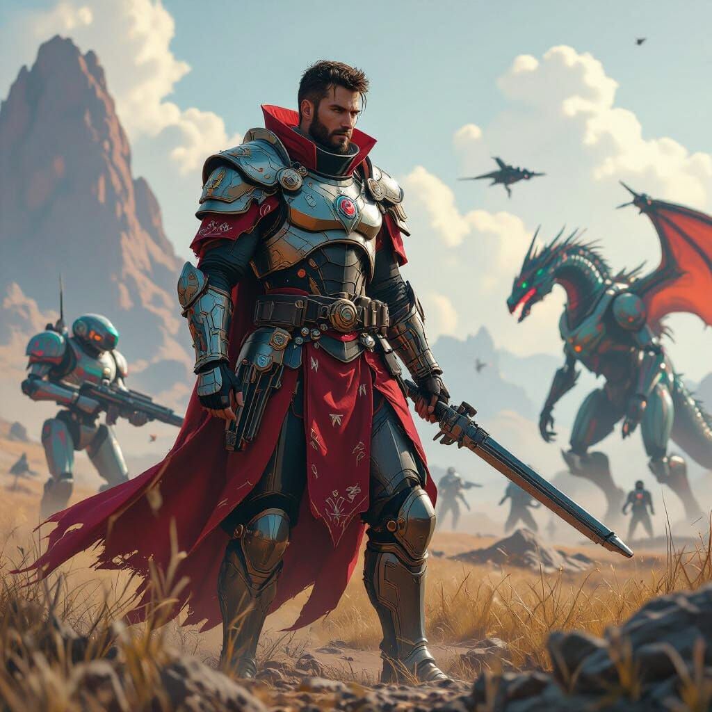 Futuristic Battle: Man, Robots, and Dragons