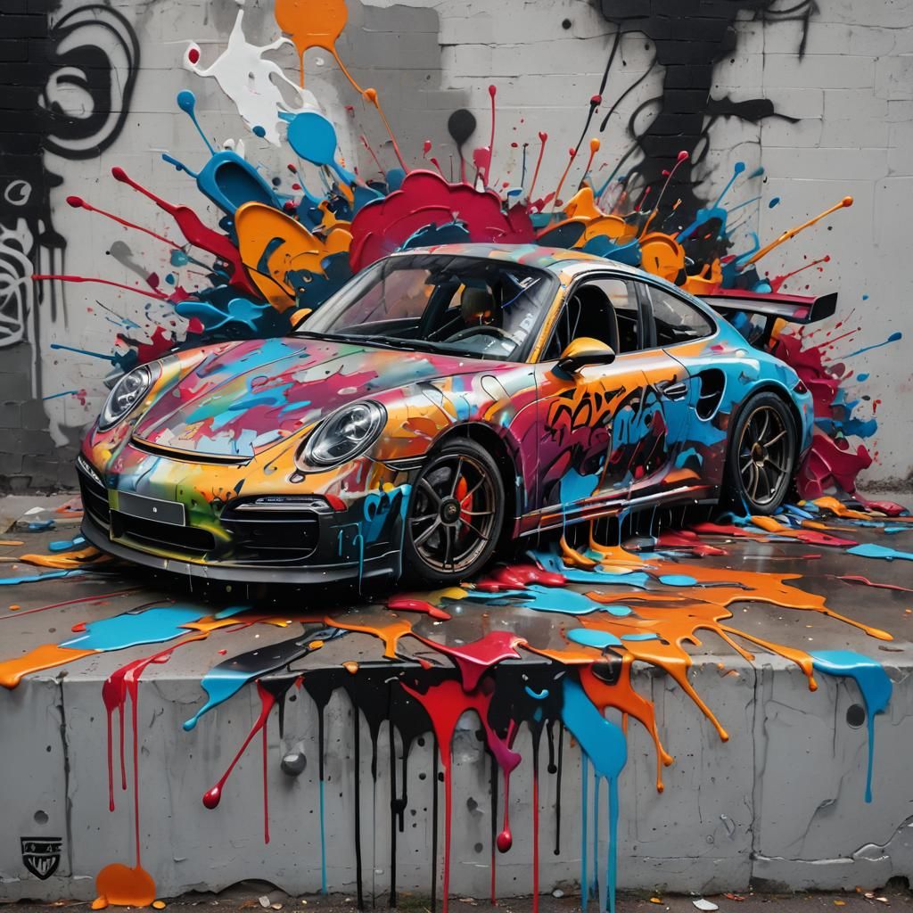 Porsche in Graffiti Splash Art Style