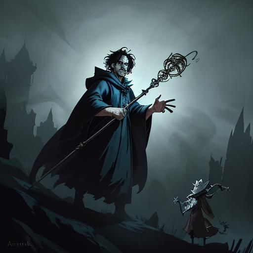 Wizard Casting Spell on Spiders, Caricature Style