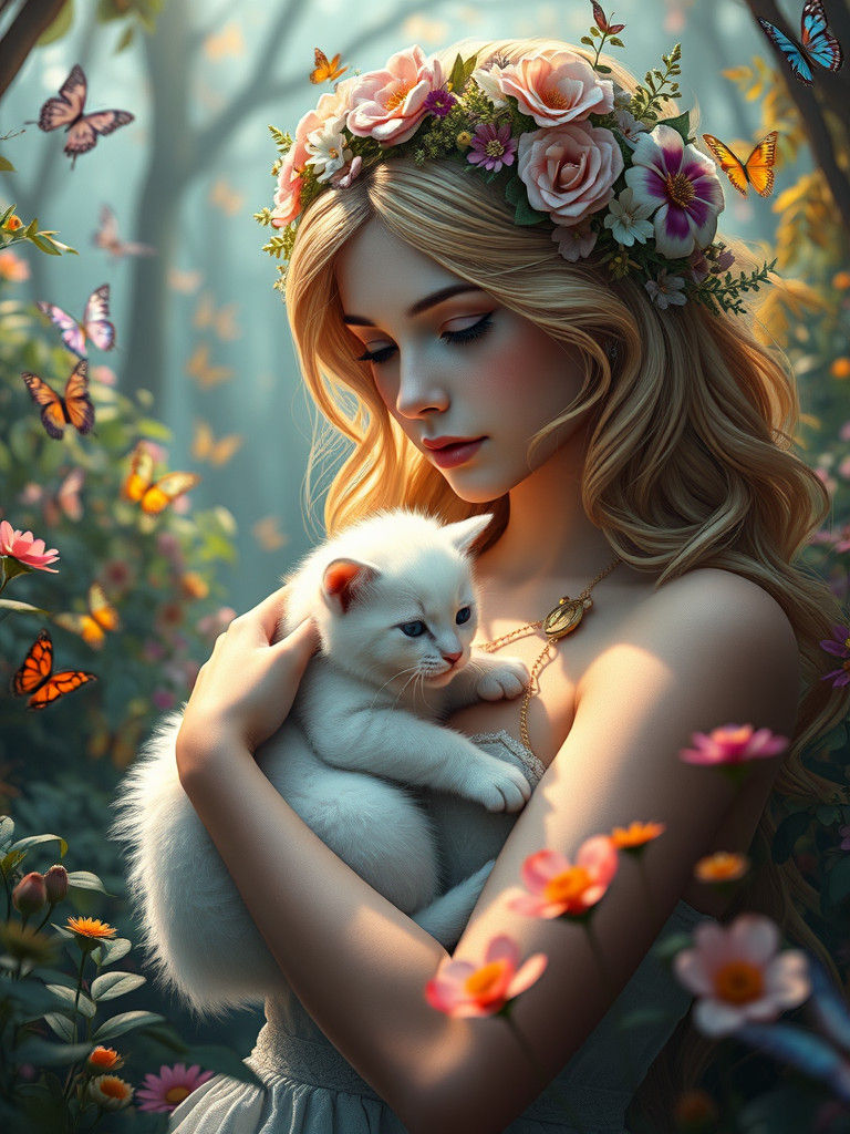 Maiden with Kitten in Enchanted Forest