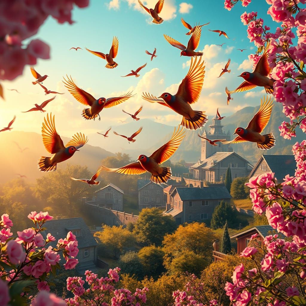 Vibrant Birds Soar Over a Quaint Village in Epic Cinematic S...