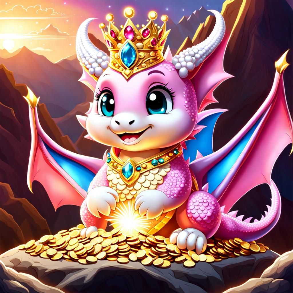 Cute Pink and Gold Dragon on Gold Mountain