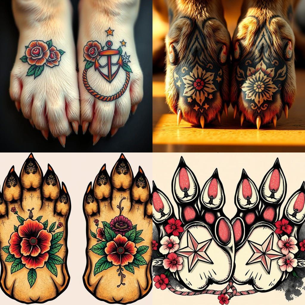 Canine Paws Adorned with Traditional Tattoo Art