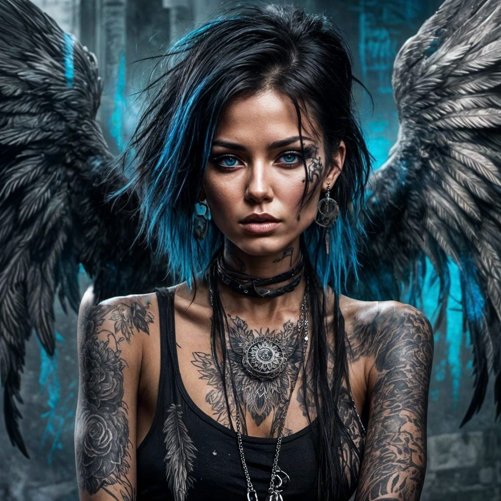 Edgy Tattooed Angel with Cyberpunk Wings
