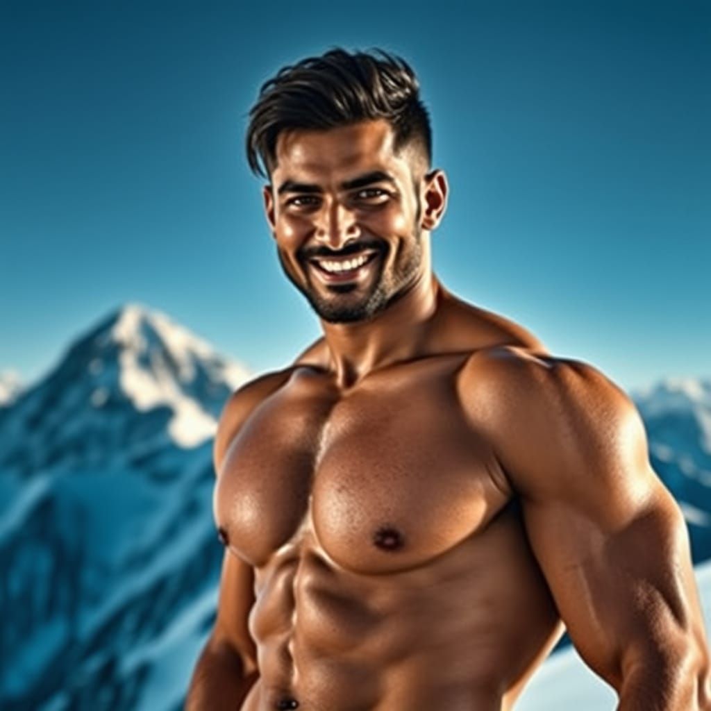 Muscular Man on Snowy Peak, Classical Physique