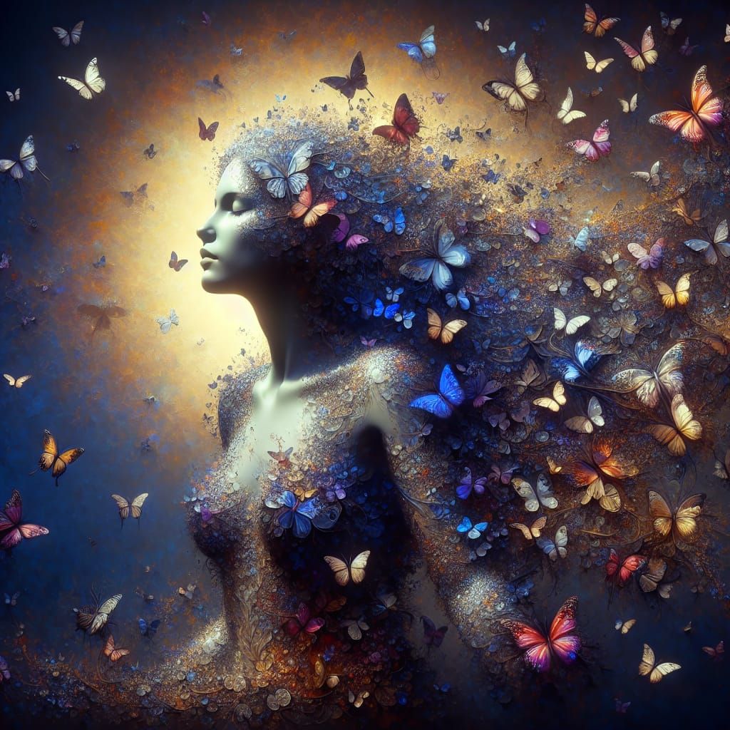 Fantasy Woman Made of Fluttering Butterflies in Deep Colors