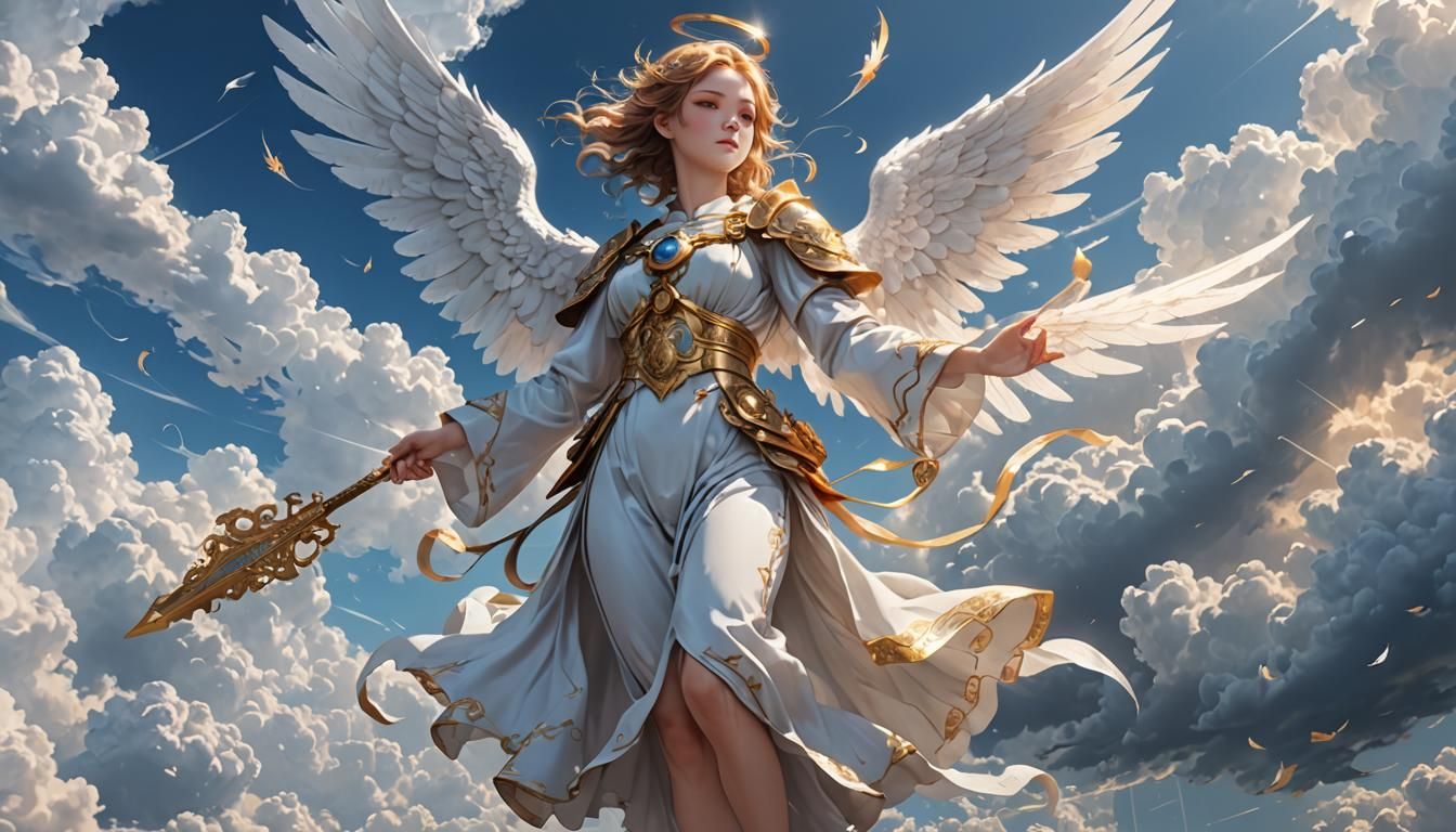 Anime Angel Descends From Divine Clouds in 3D
