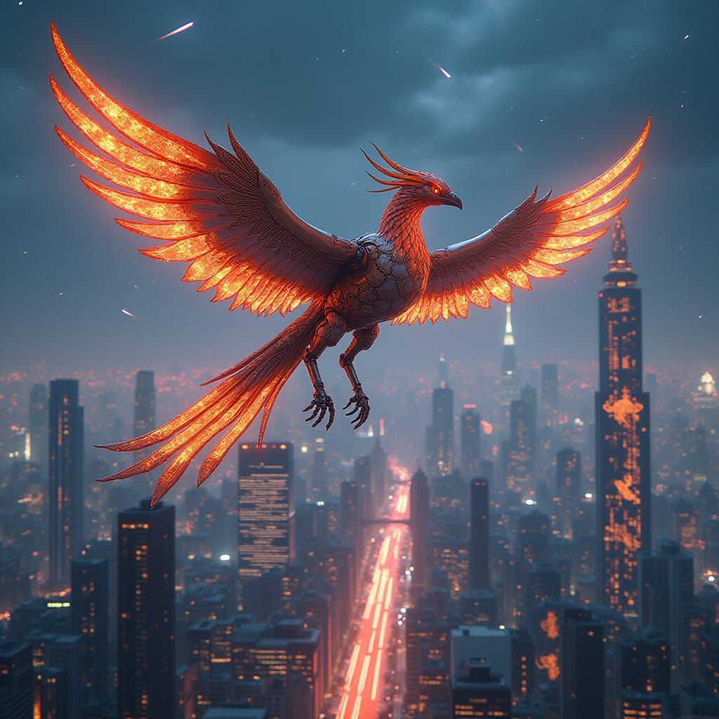 Robot Phoenix Soars Over Futuristic Bangkok