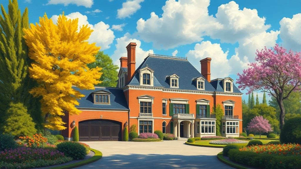 Grand Brick Chateau Surrounded by Vibrant Trees and Flowers