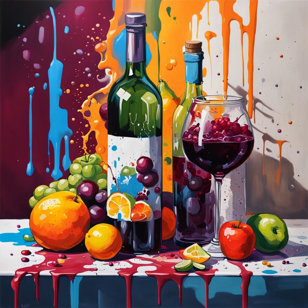 Polychromatic Still Life with Wine, Graffiti Art Style