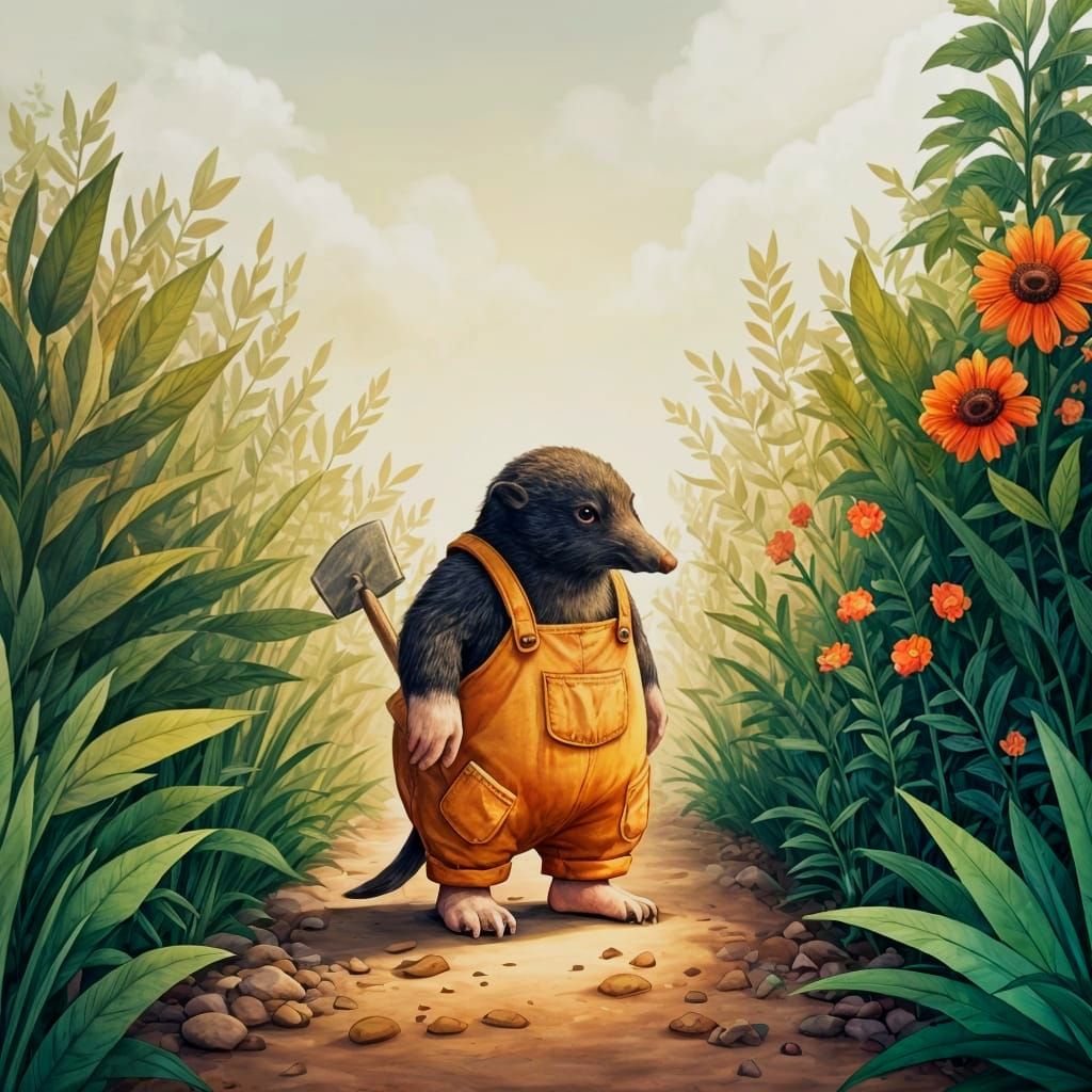 Mole in Dungarees: Watercolour Garden Illustration