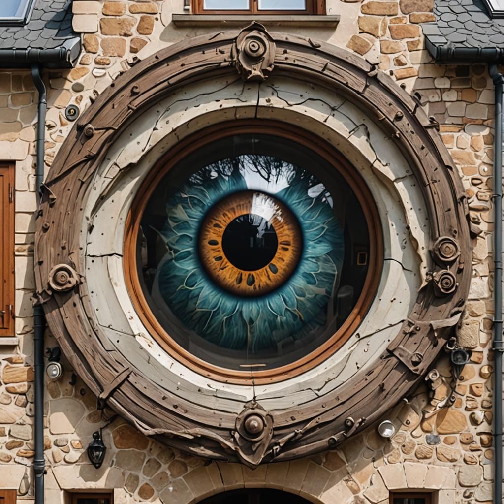 Giant Eye Peering Through Window of House