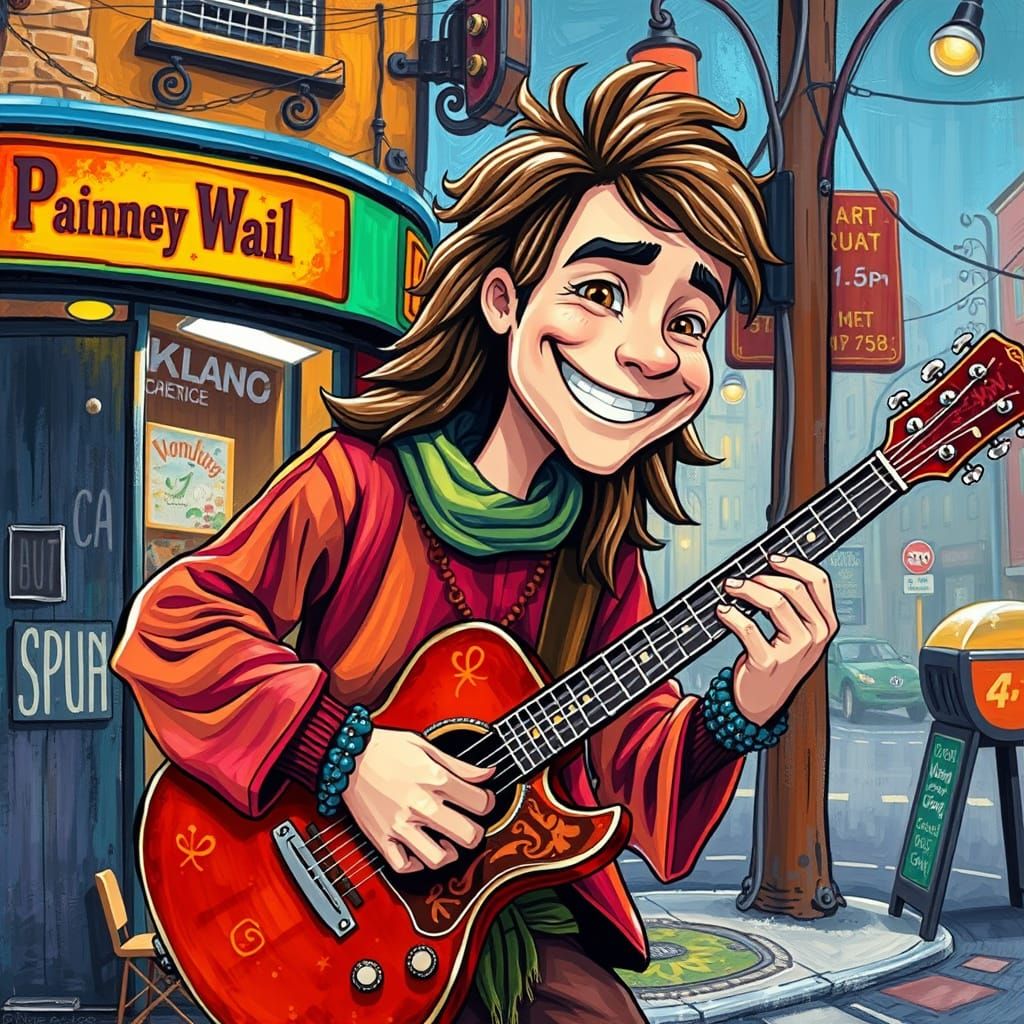Boho Guitarist in Klimt-Style Rainbow Cityscape