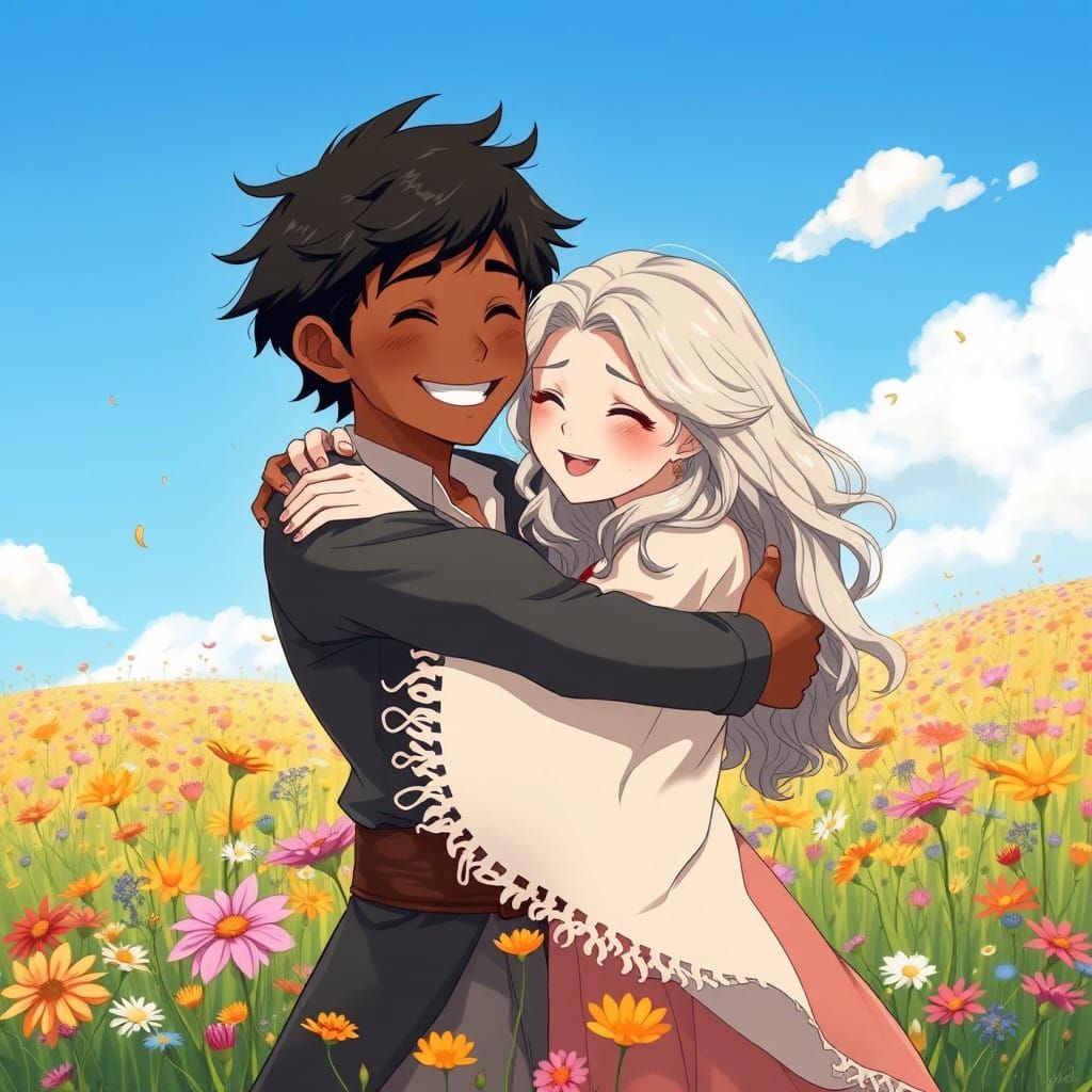 Whimsical Couple Embracing in a Blooming Meadow