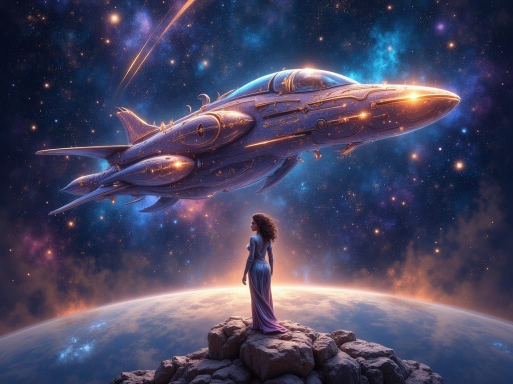 Shimmering Alien Woman in Space with Spaceship