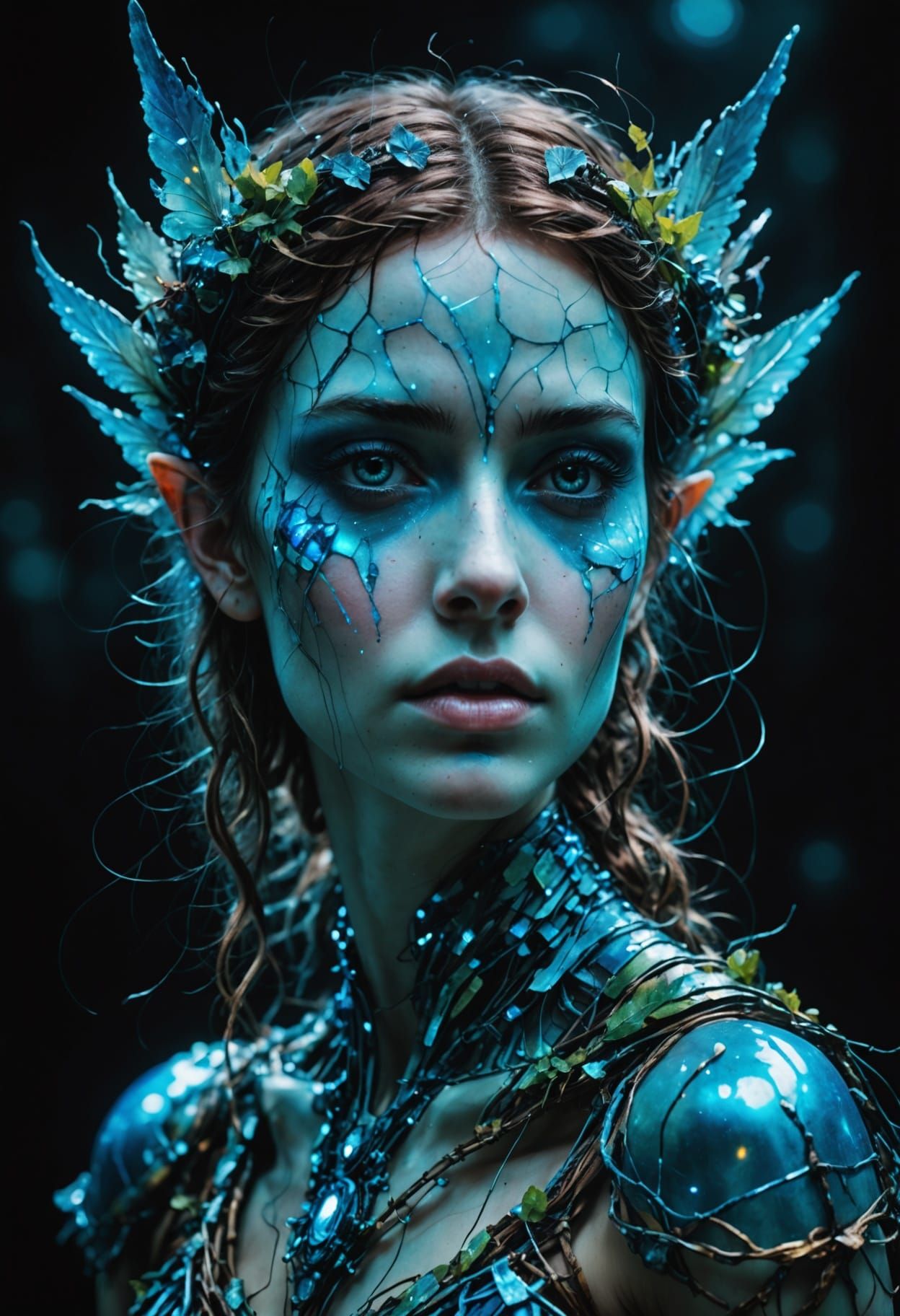 The Enchanted Blue Sentinel in Cyberpunk Splendor