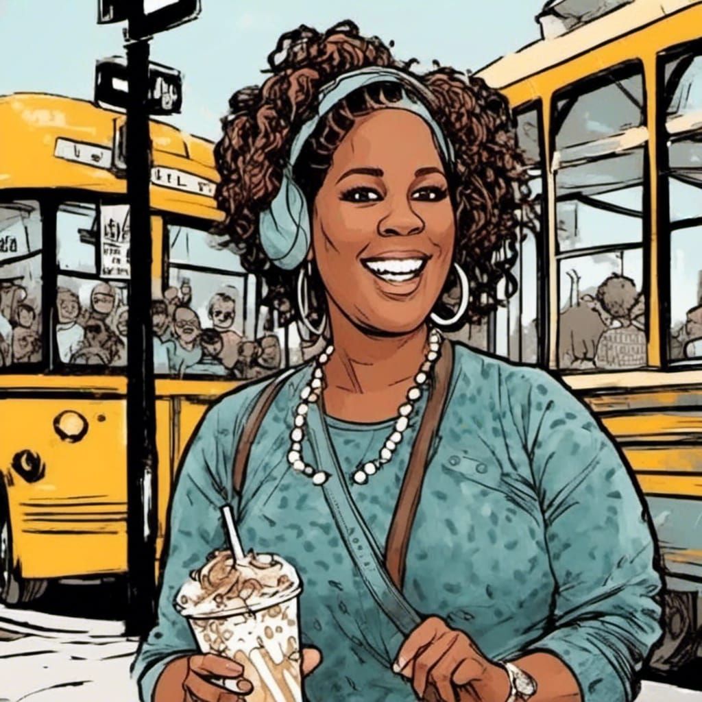 Comic Book Style Lady at Bus Stop