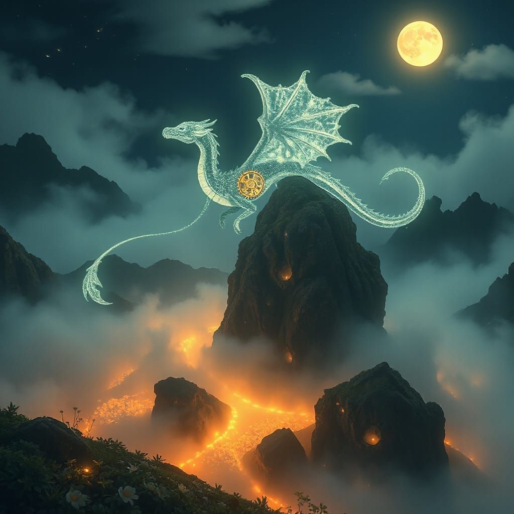 Ethereal Clockwork Dragon on Misty Mountain Peak
