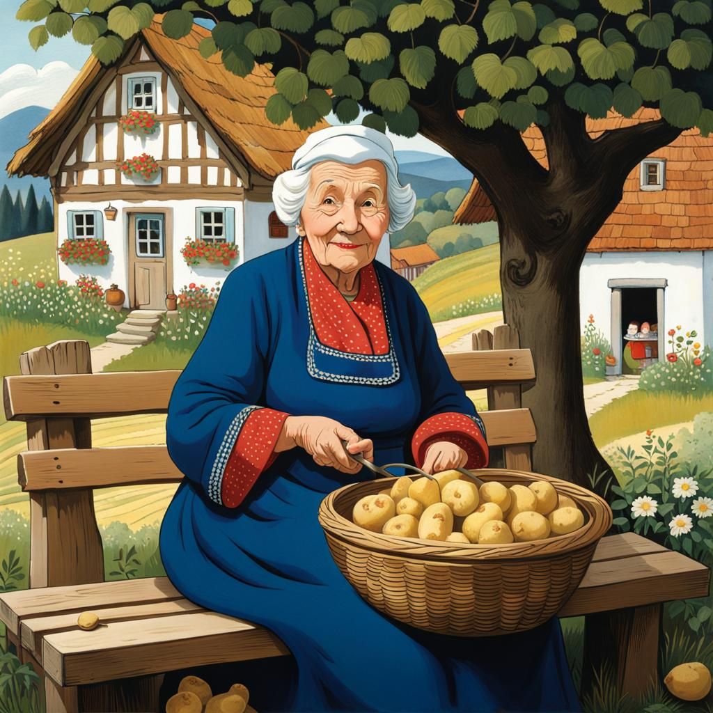 Grandma Peeling Potatoes in Front of Cottage, Illustrative S...