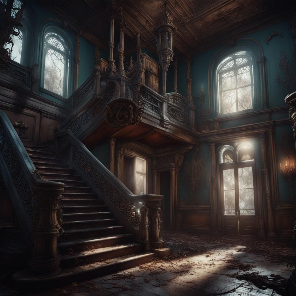 Evil Entities Haunt Rundown Mansion: Detailed Matte Painting