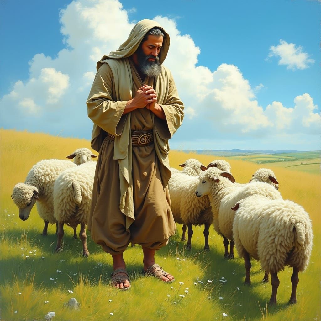 Devout Shepherd in Lush Green Pasture, Surrounded by Flock o...