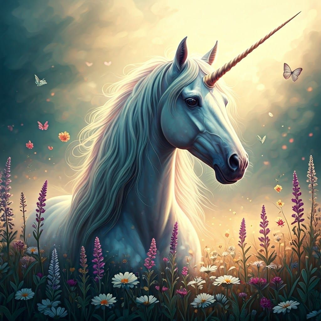 Dreamy Unicorn in Wildflowers, Soft Watercolor Style