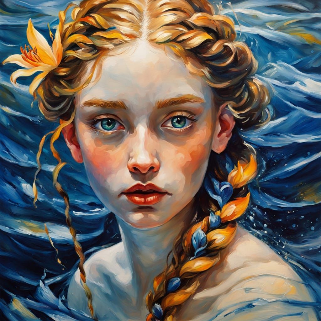 oil painting, light brush strokes, in the style of Rembrandt of Sabrina the water sprite, under the glassy, cool, dark b...