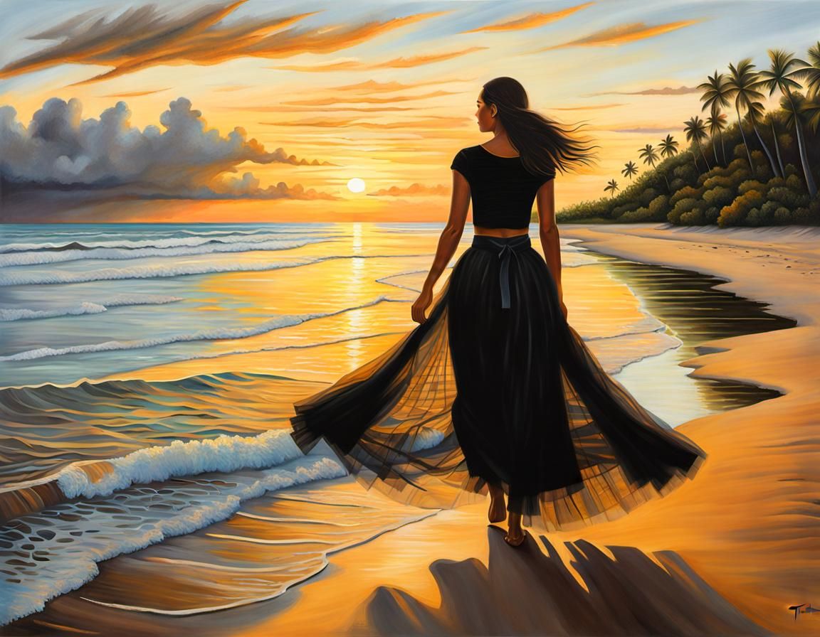 Golden Hour Acrylic Painting: Woman on Yellow Beach