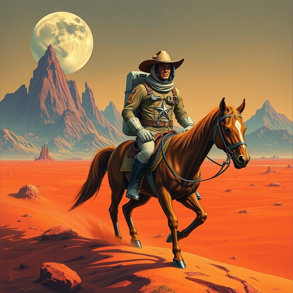 Astronaut Cowboy Explores Alien Planet on Robotic Horse