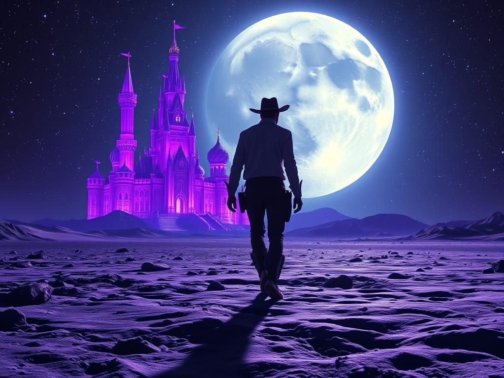 Cowboy on the Lunar Frontier in a Futuristic Purple Castle