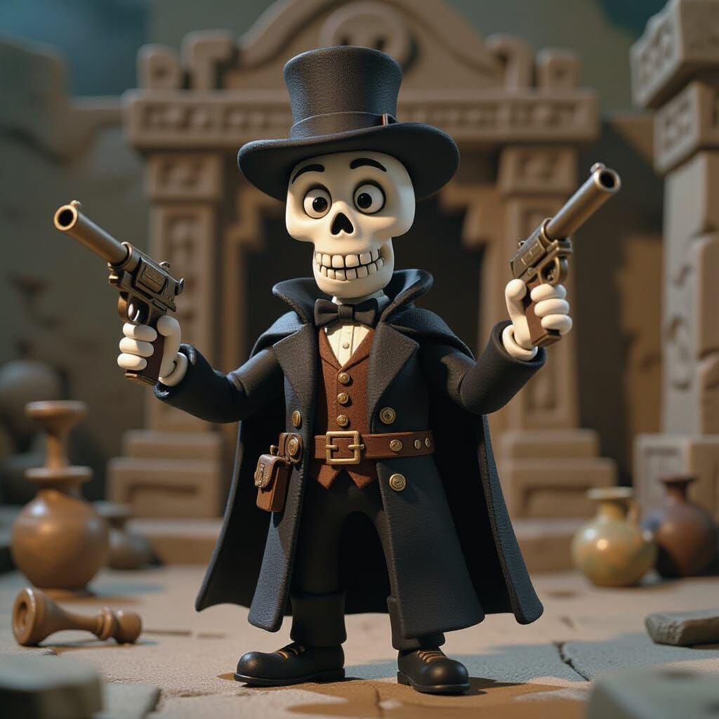 Claymation Skeleton Magician Adventurer in Steampunk Style
