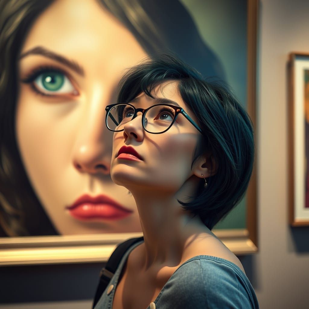 Woman Tours Gallery in Photorealistic Style