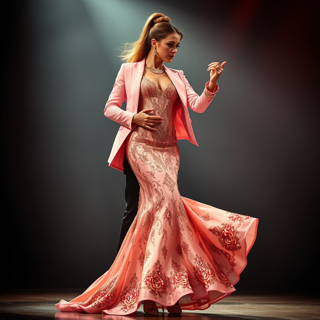 Woman in Rose Gold Gown Dancing in Hyperrealistic Photo