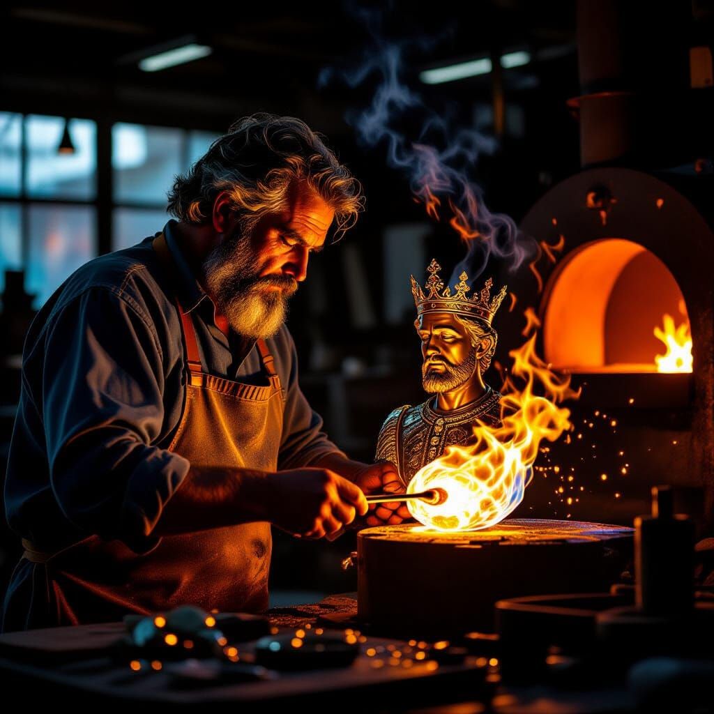 Glassblower Crafts Regal King Sculpture in Fiery Studio