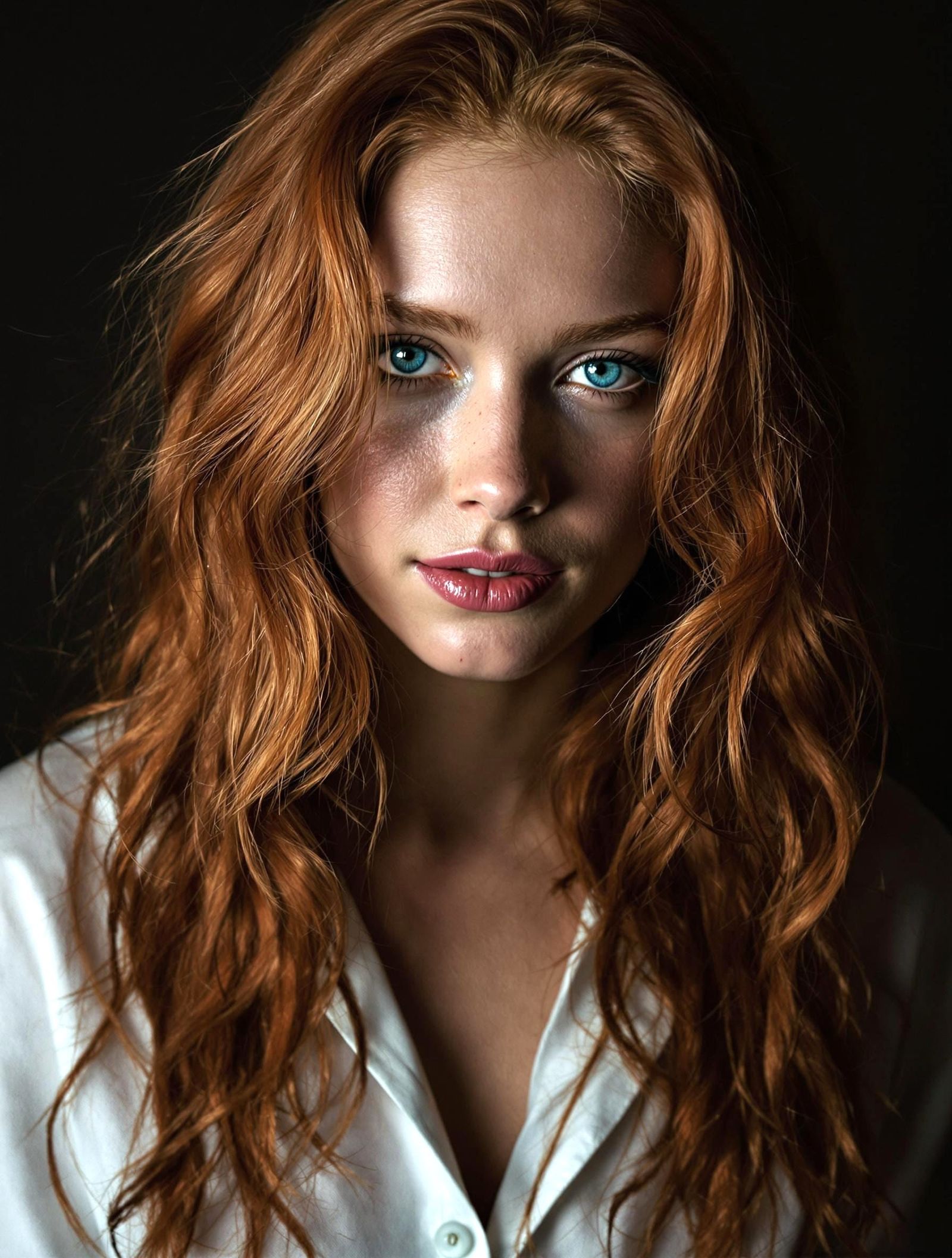 Redhead Model with Ocean Eyes: Hyper-Realistic Photograph