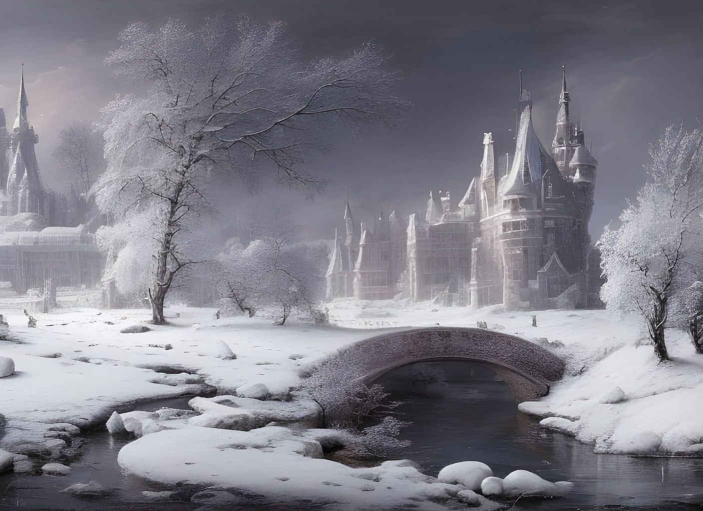 Snowy Castle by Frozen River in Hyperrealistic Style