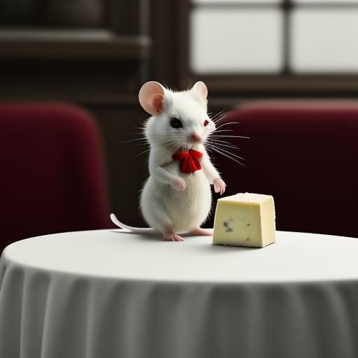 Mouse with Red Bow Eats Cheese: Hyperrealistic Image