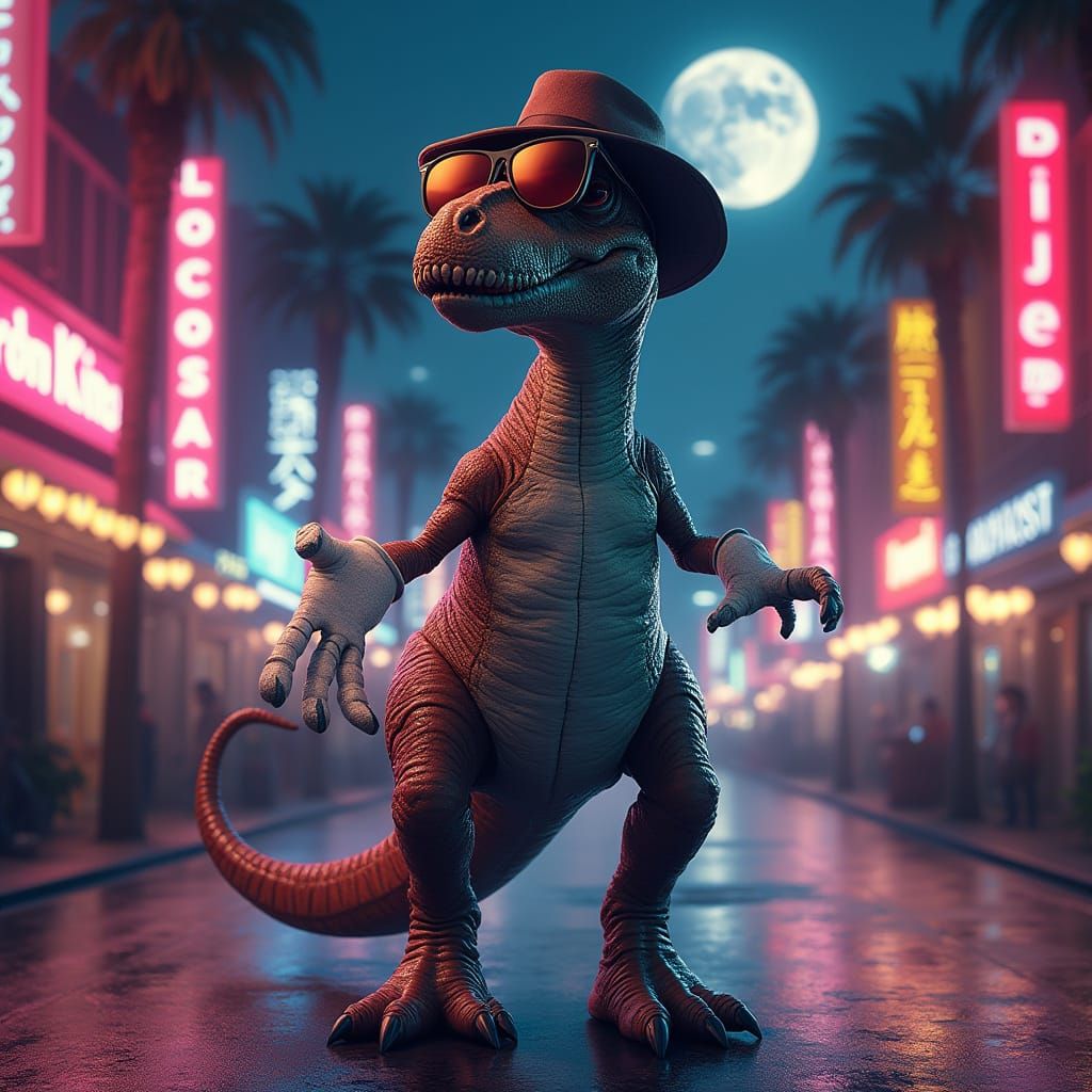 Dancing T-Rex in Retro-Futuristic Style