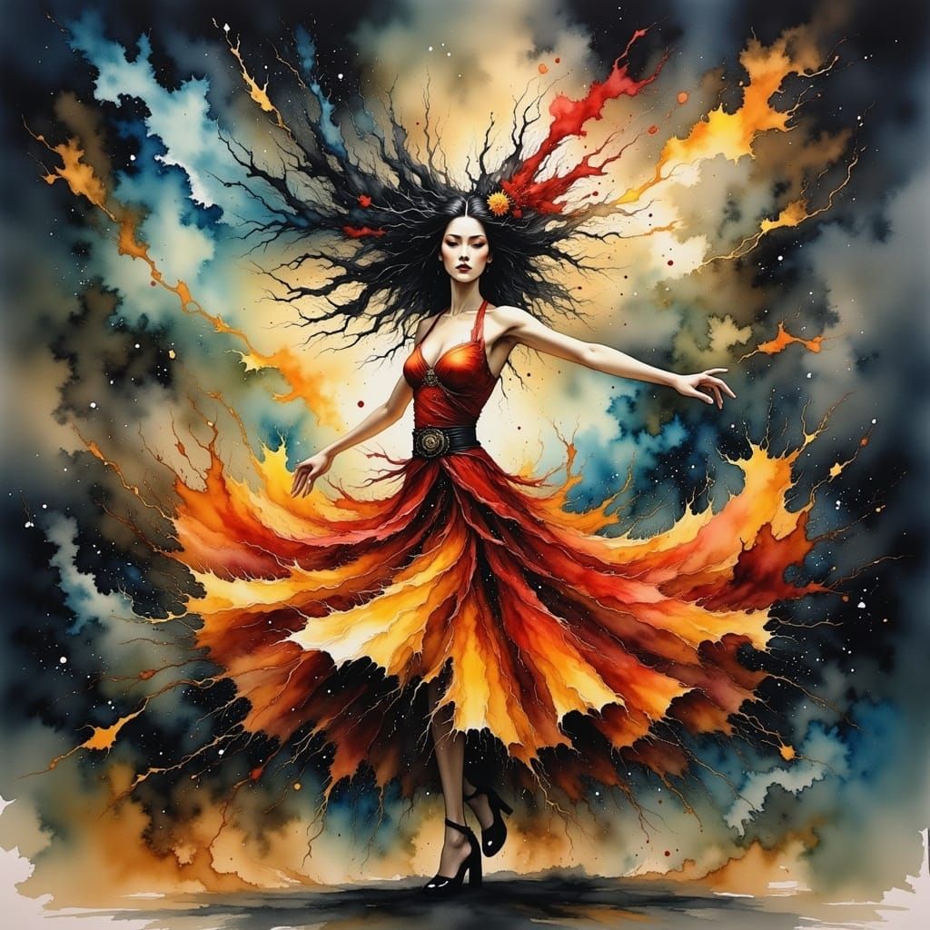 Watercolor Dancing Scene with Dreamlike Quality