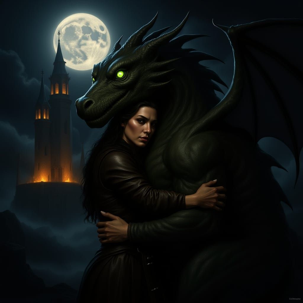 Dragon Embraced by Woman Before Flaming Castle