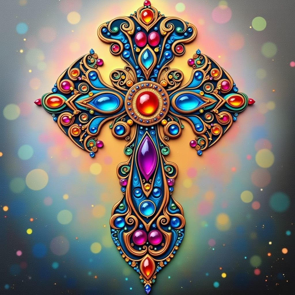 Ethereal Cross Adorned with Colorful Diamonds in Luxury Styl...