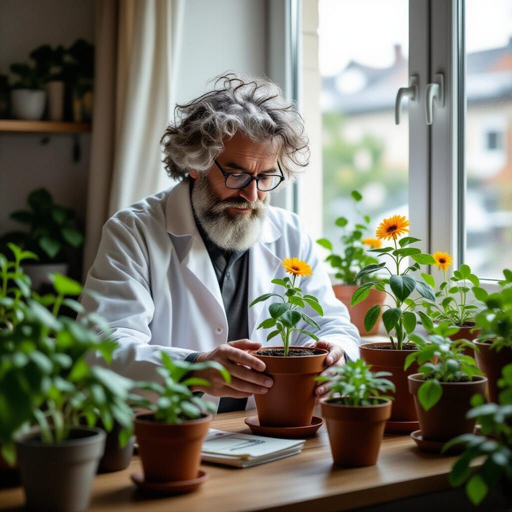 Scientist and Singing Plants on Windowsill