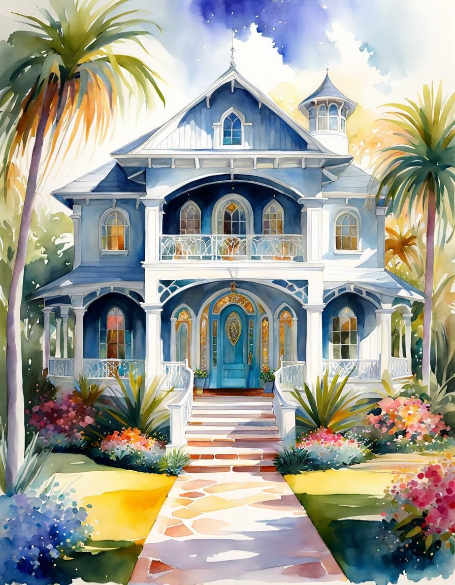 Boho Chic Florida House in Watercolor Sketch