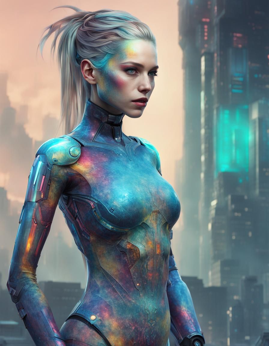 Futuristic Female Android in Dye-Transfer Style