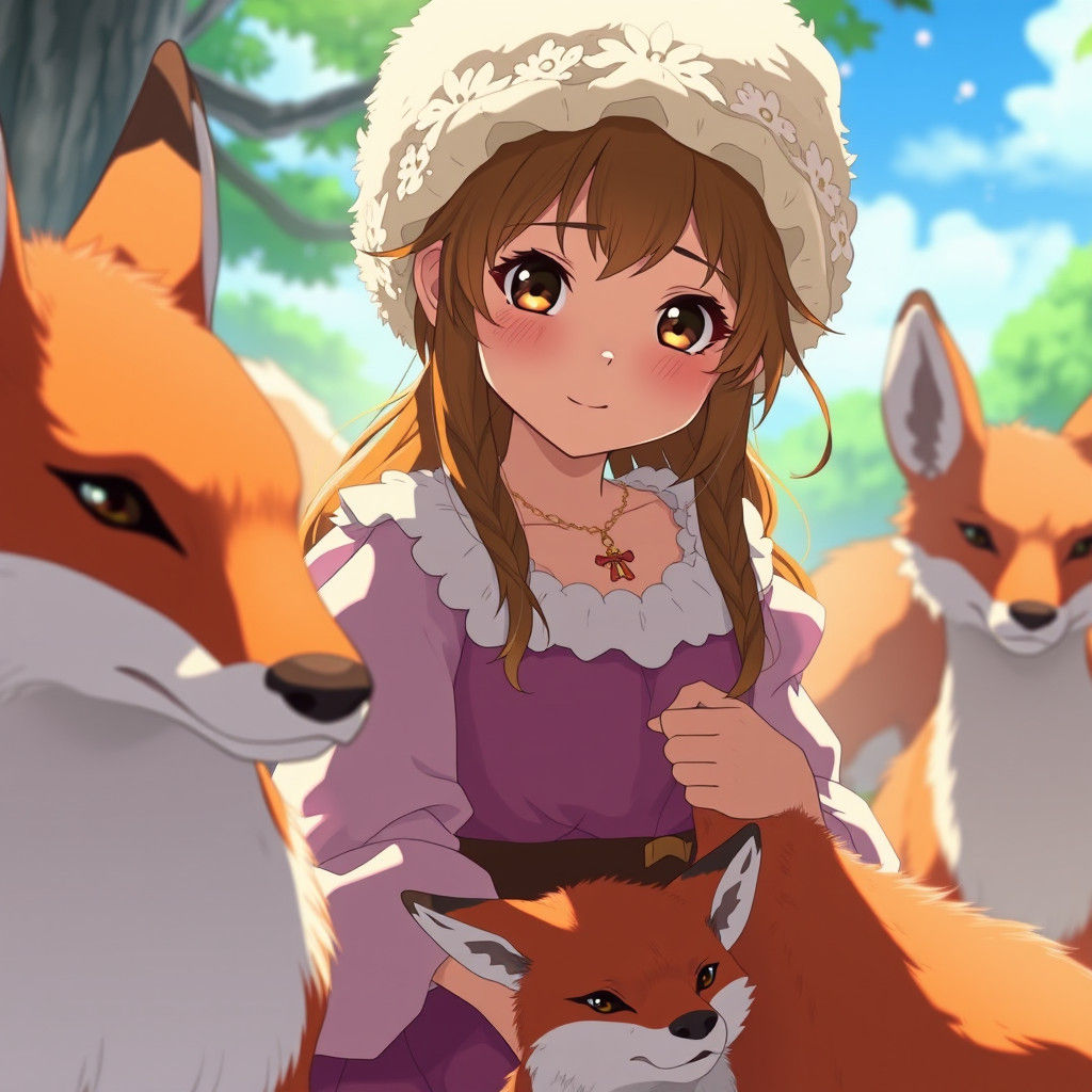 Anime Faun Girl Herding Foxes in Studio Ghibli Style