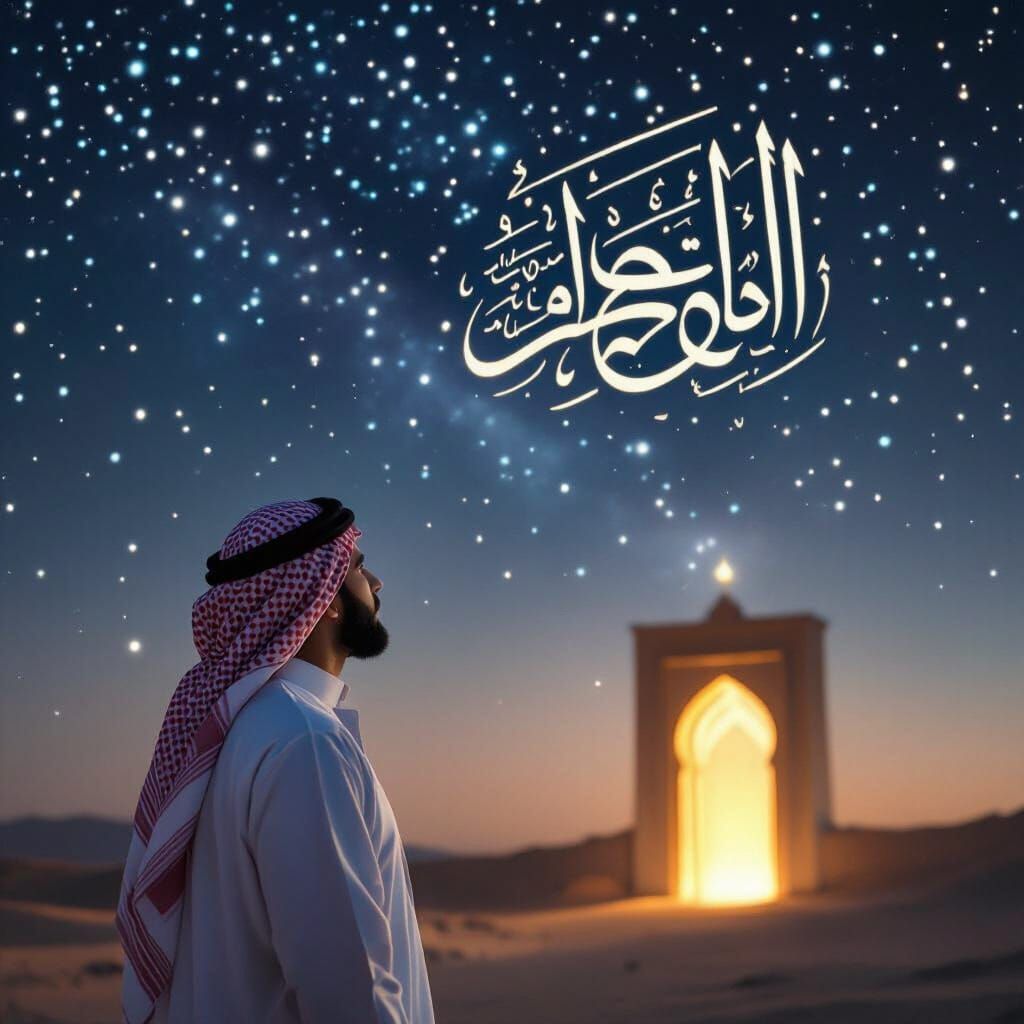 Man Gazing at Glowing Gate with Islamic Calligraphy