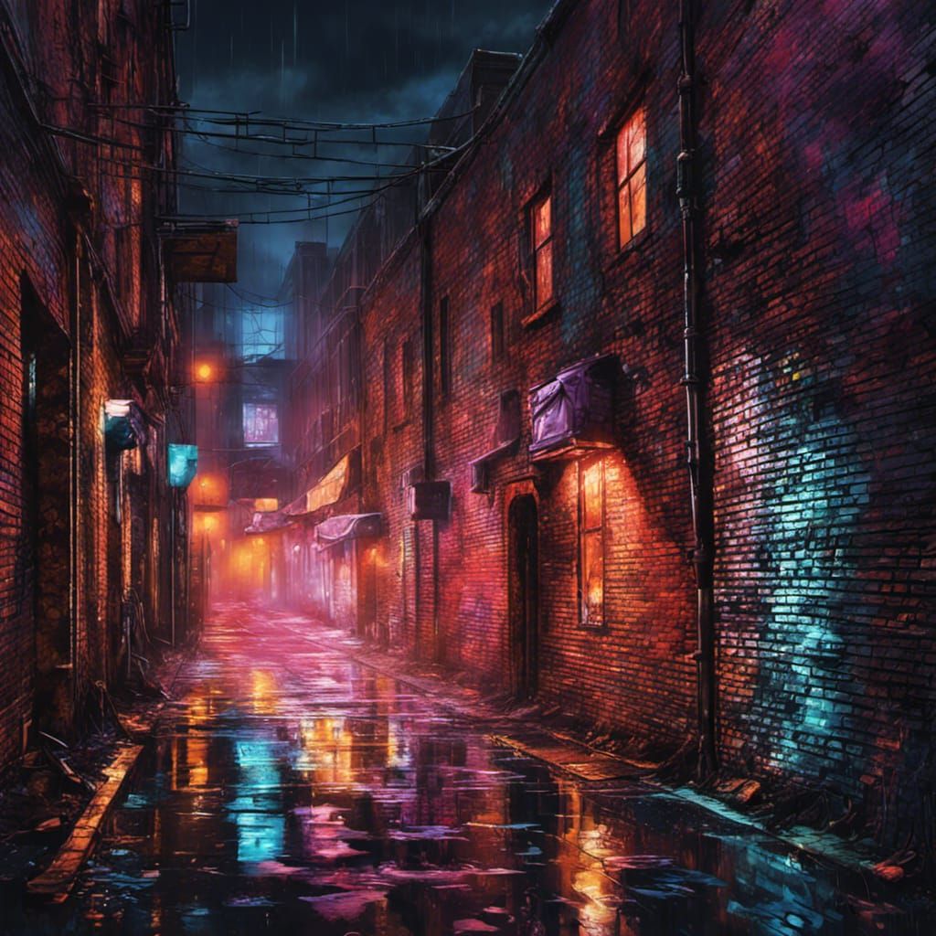 Neon Graffiti in Gloomy Dark Alleyway at Night