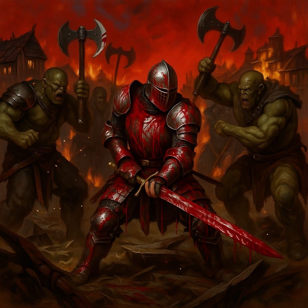 Knight's Final Battle Against Orcs Near Burning Village