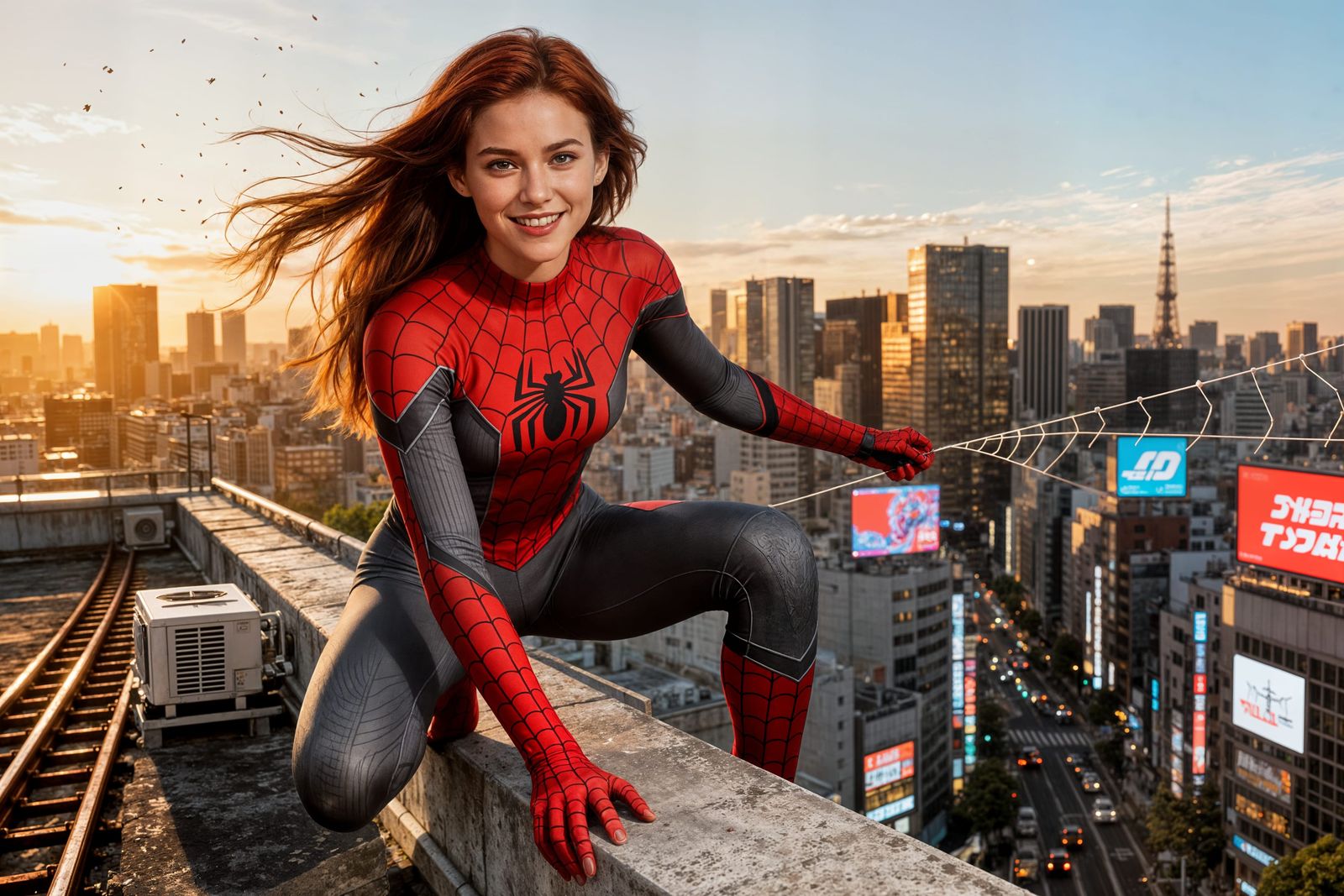 Spider-Inspired Heroine Crouches on Rooftop Ledge