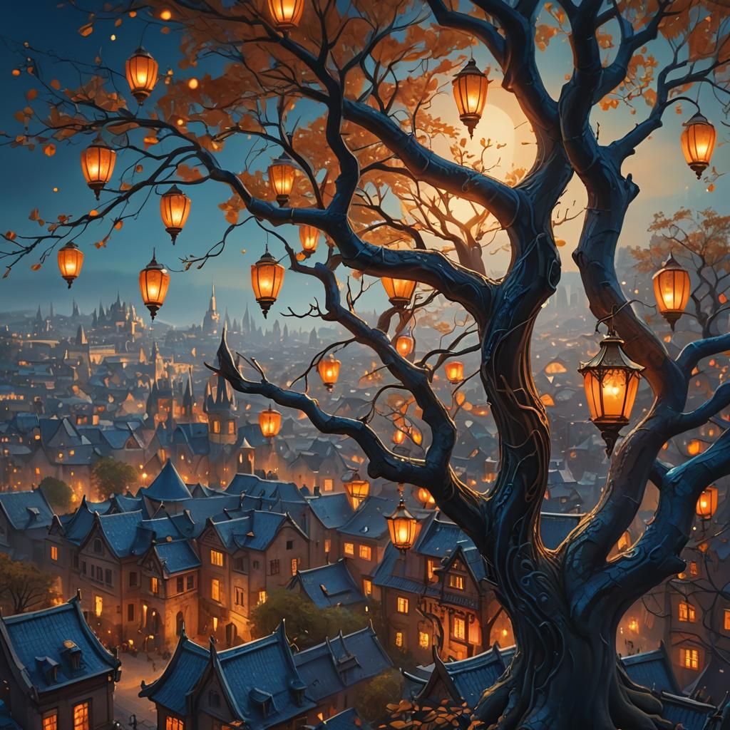City Tree with Glowing Lanterns: Fantasy Art
